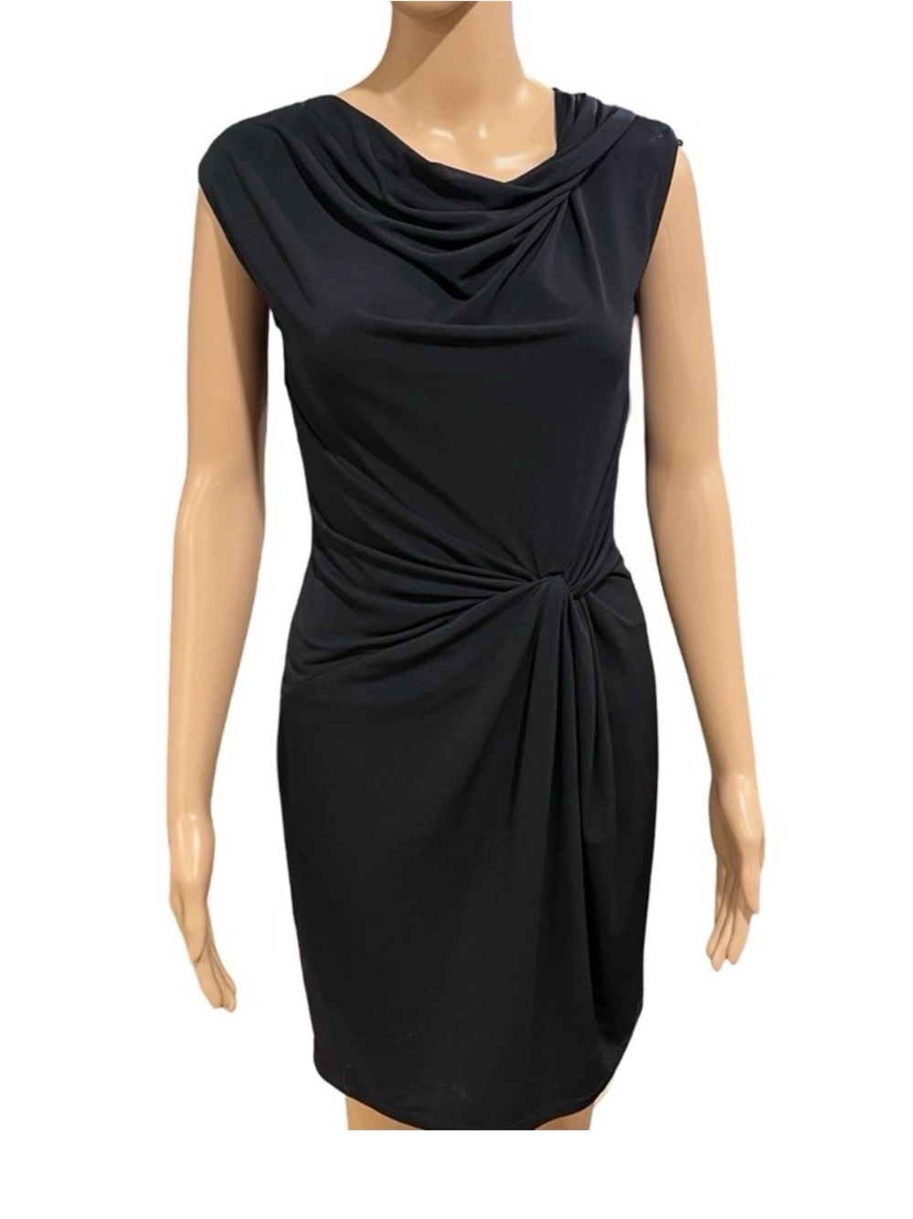 Michael Kors sleeveless draped knot-waist jersey midi dress in black.